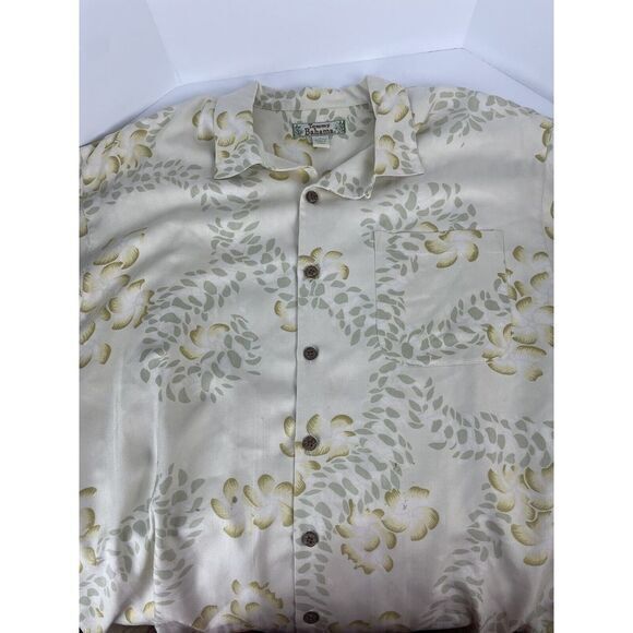 Tommy Bahama Shirt Mens L‎ Beige w/Yellow/ Green Floral Hawaiian Camp Silk Beach - Picture 1 of 6